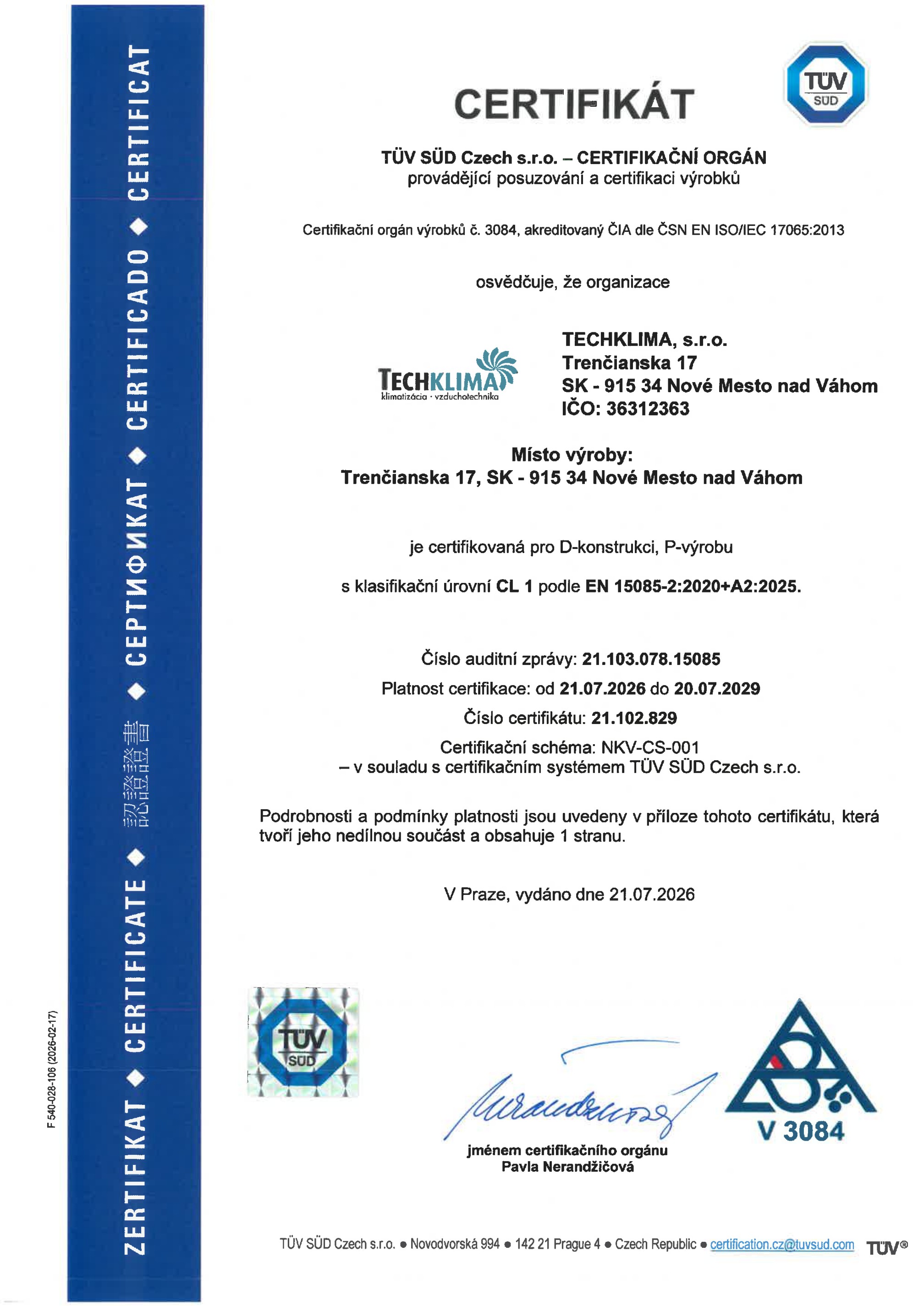 Certifikát CL 1 podľa EN 15085-2:2020+A2:2025 - zváranie železničných vozidiel, TÜV SÜD Czech
