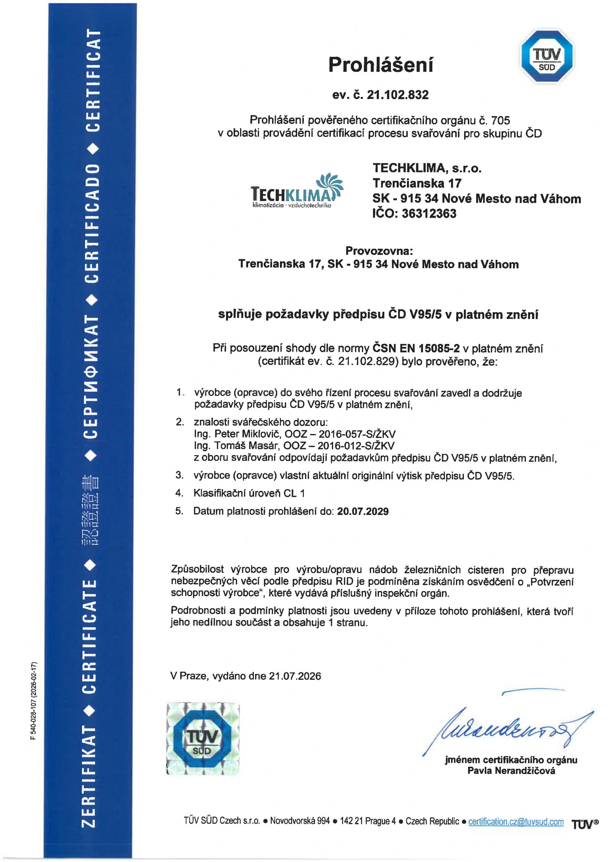 Prohlášení - předpis ČD V95/5, TÜV SÜD Czech