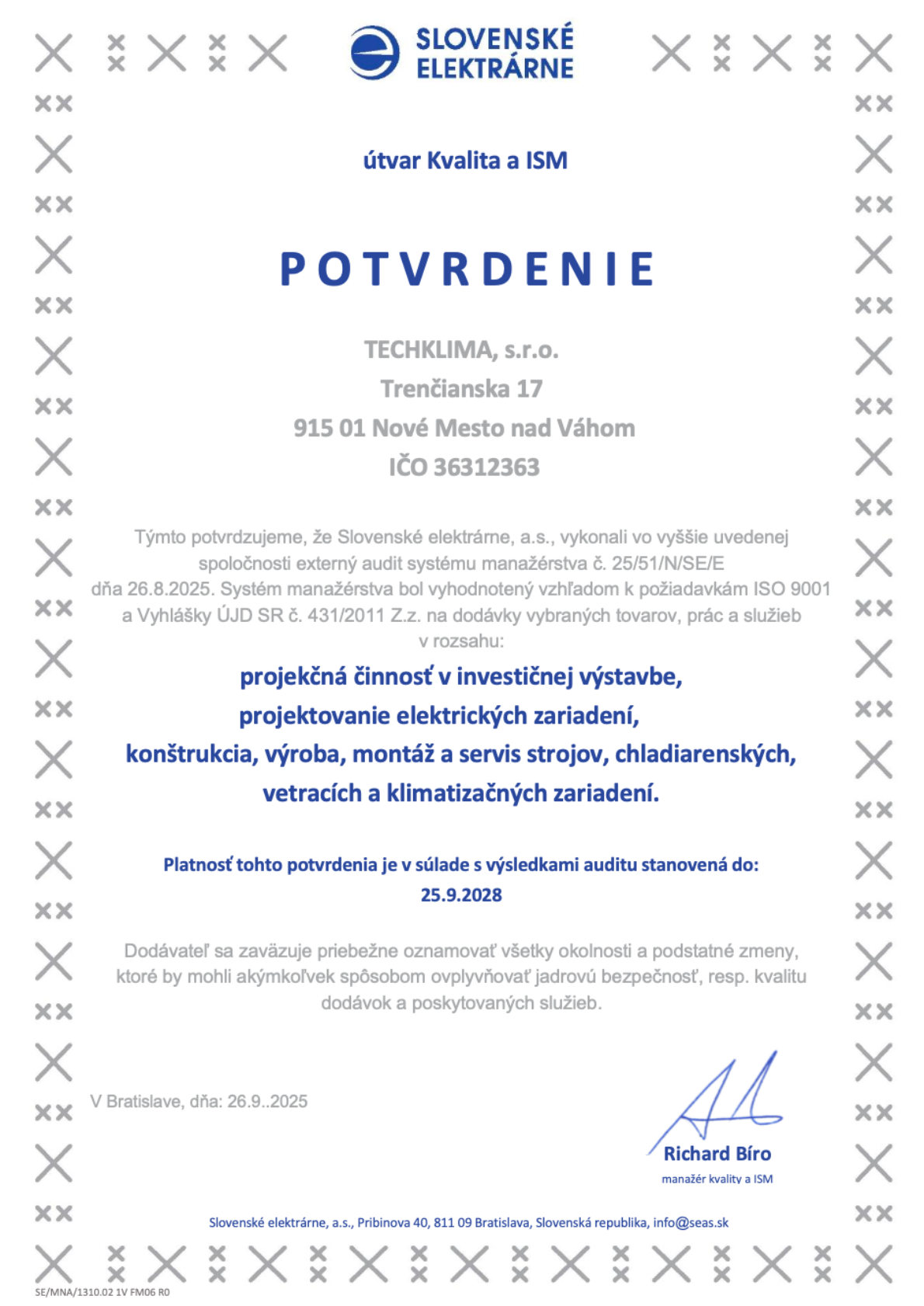 Potvrdenie Slovenské elektrárne, a.s.